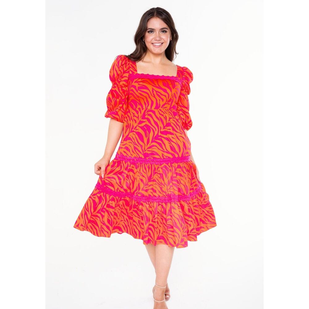 Alden Adair Mia Midi Dress XS Red Pink Abstract Print NWT